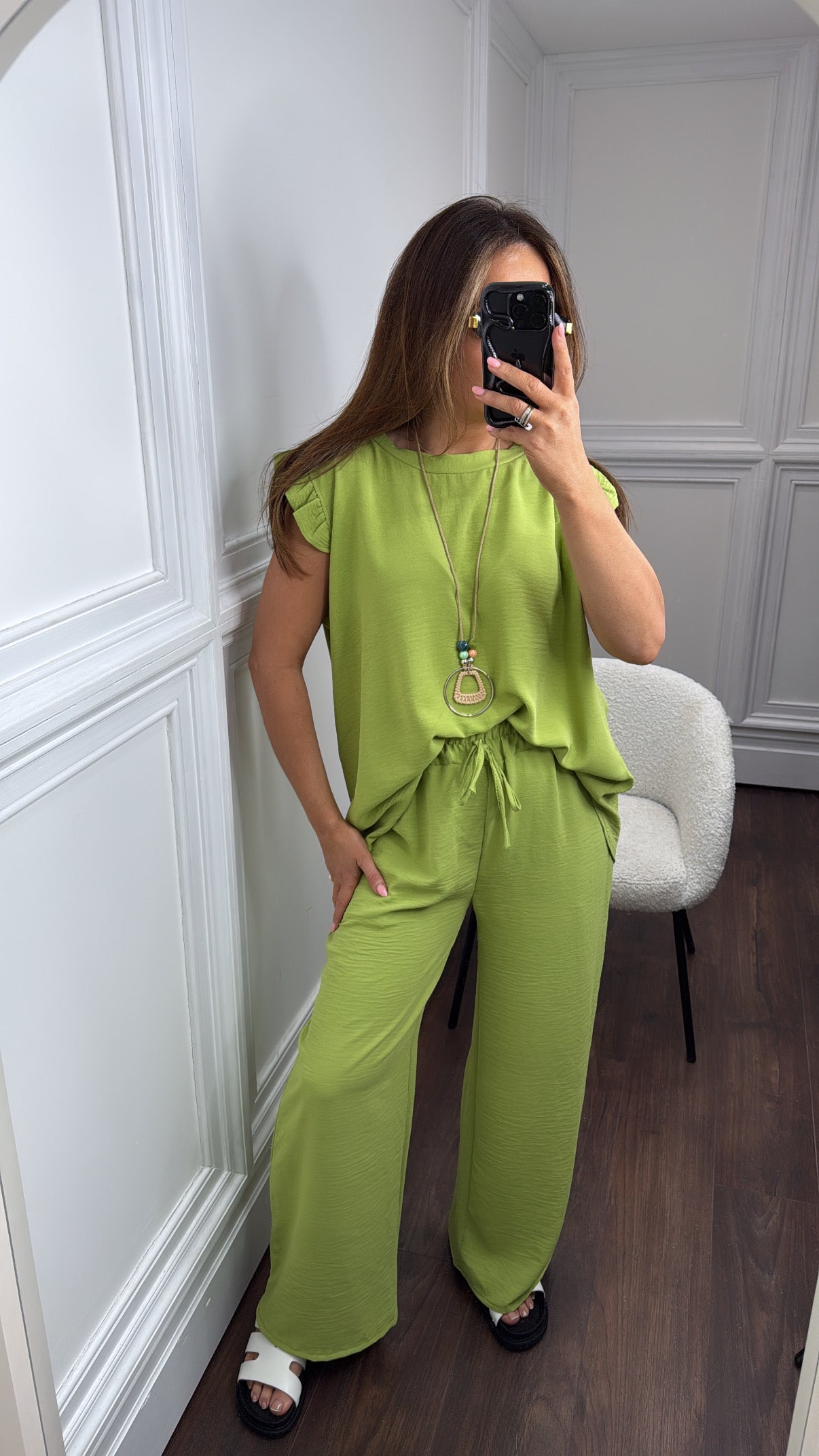 NINA bright olive ruffle top and wide leg co-ord set