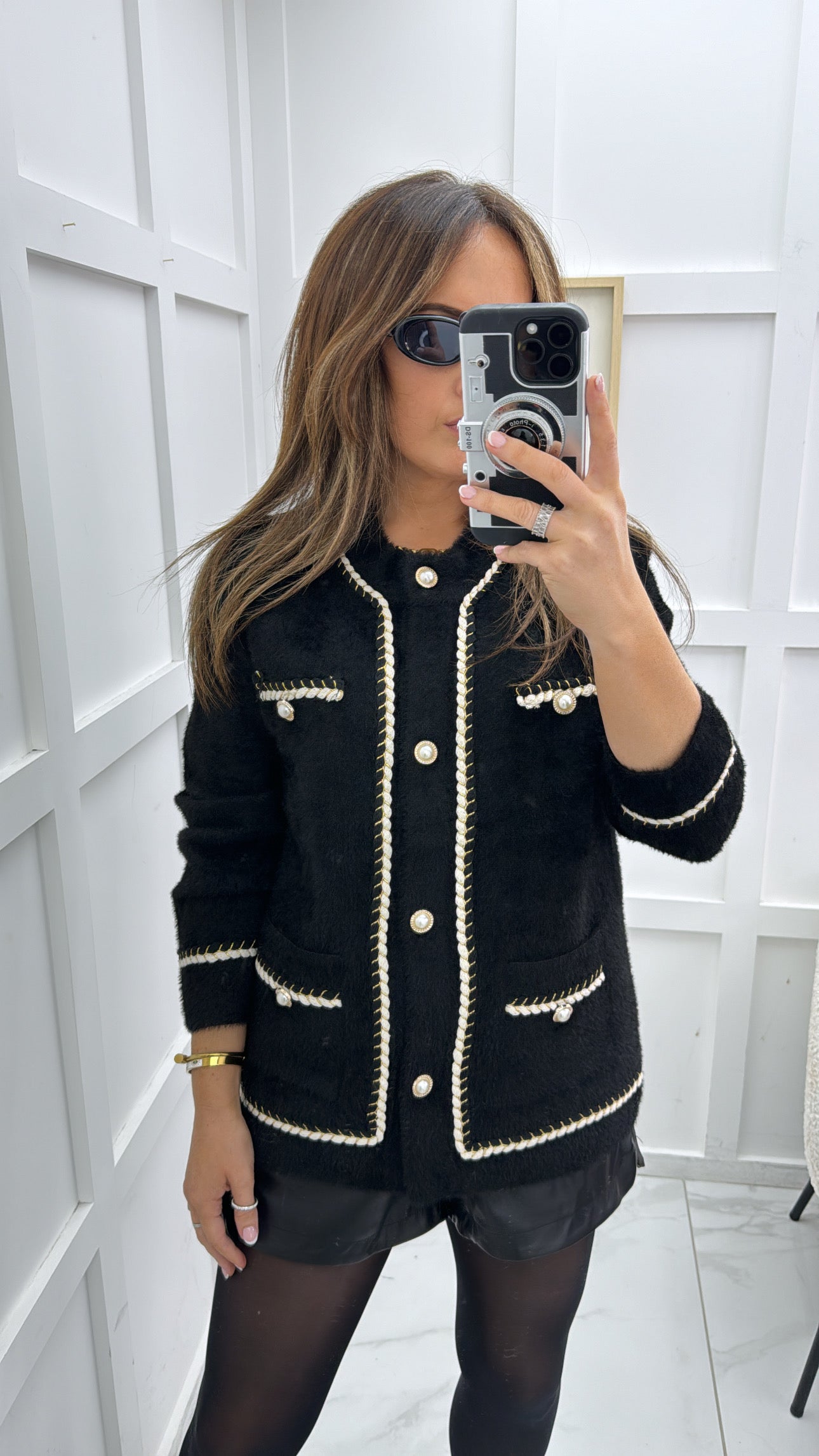 TARA black ultra soft pearl button cardigan