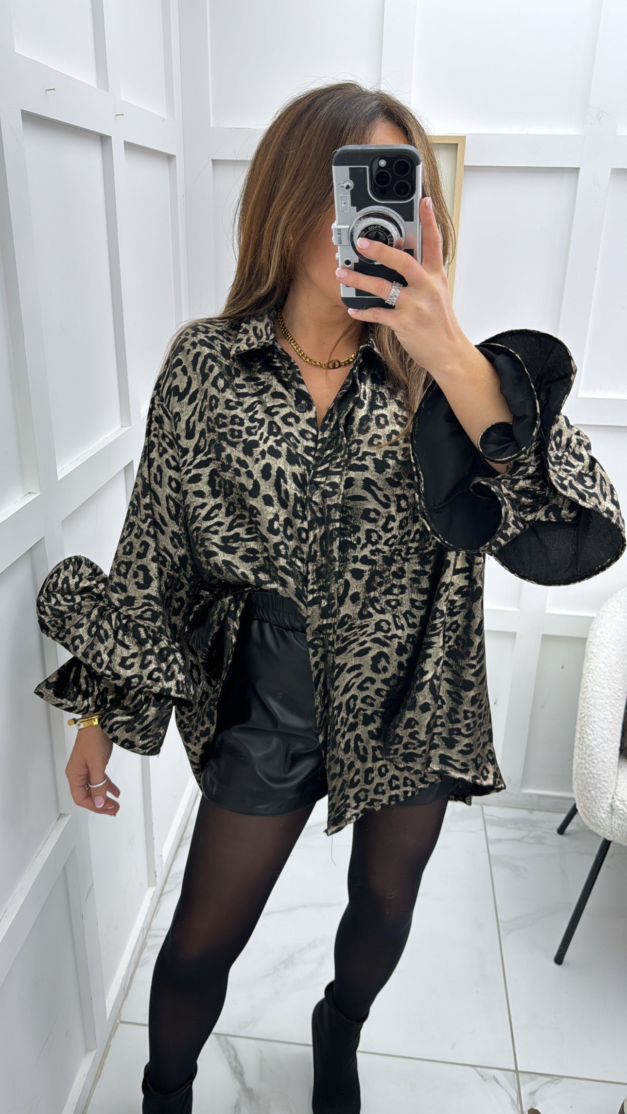 HATTIE leopard print metallic shirt with frill sleeves