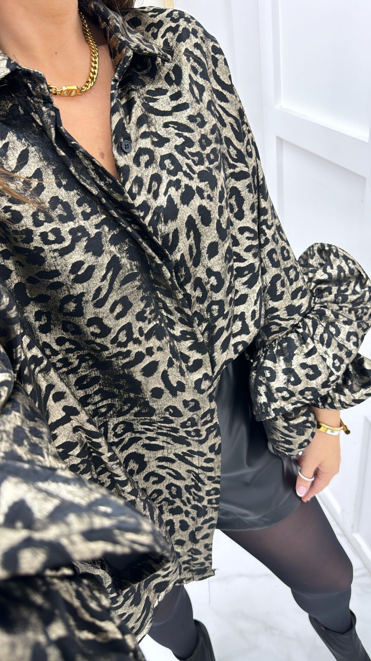 HATTIE leopard print metallic shirt with frill sleeves