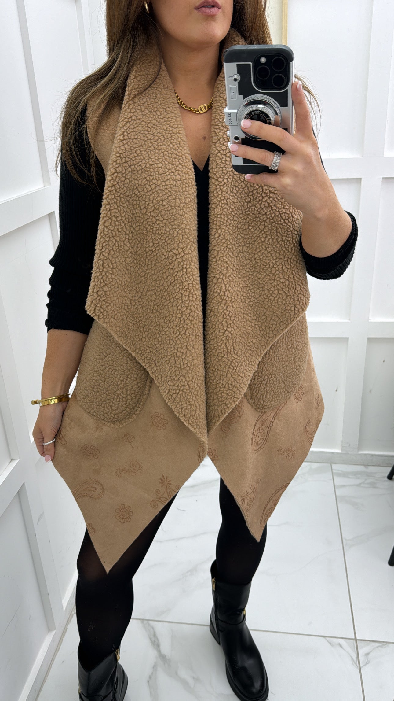 JENNIE camel suede & borg waterfall waist jacket