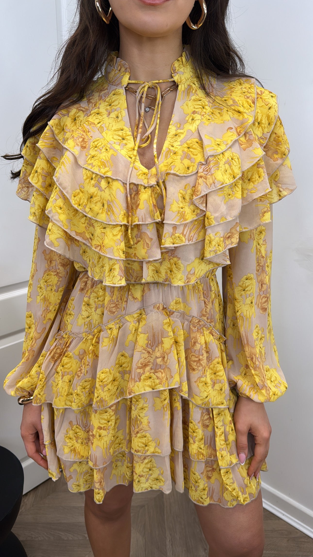 GEORGINA beige and yellow tiered dress