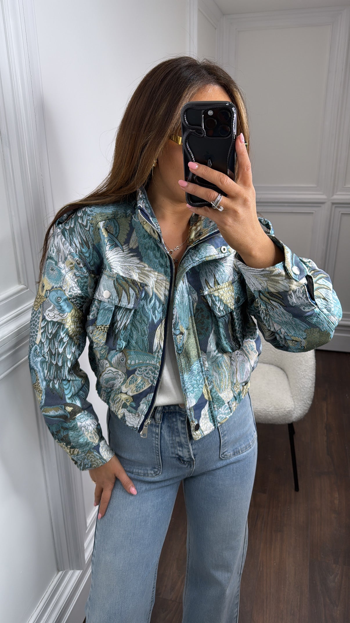 ATHENA blue jacquard cropped bomber jacket