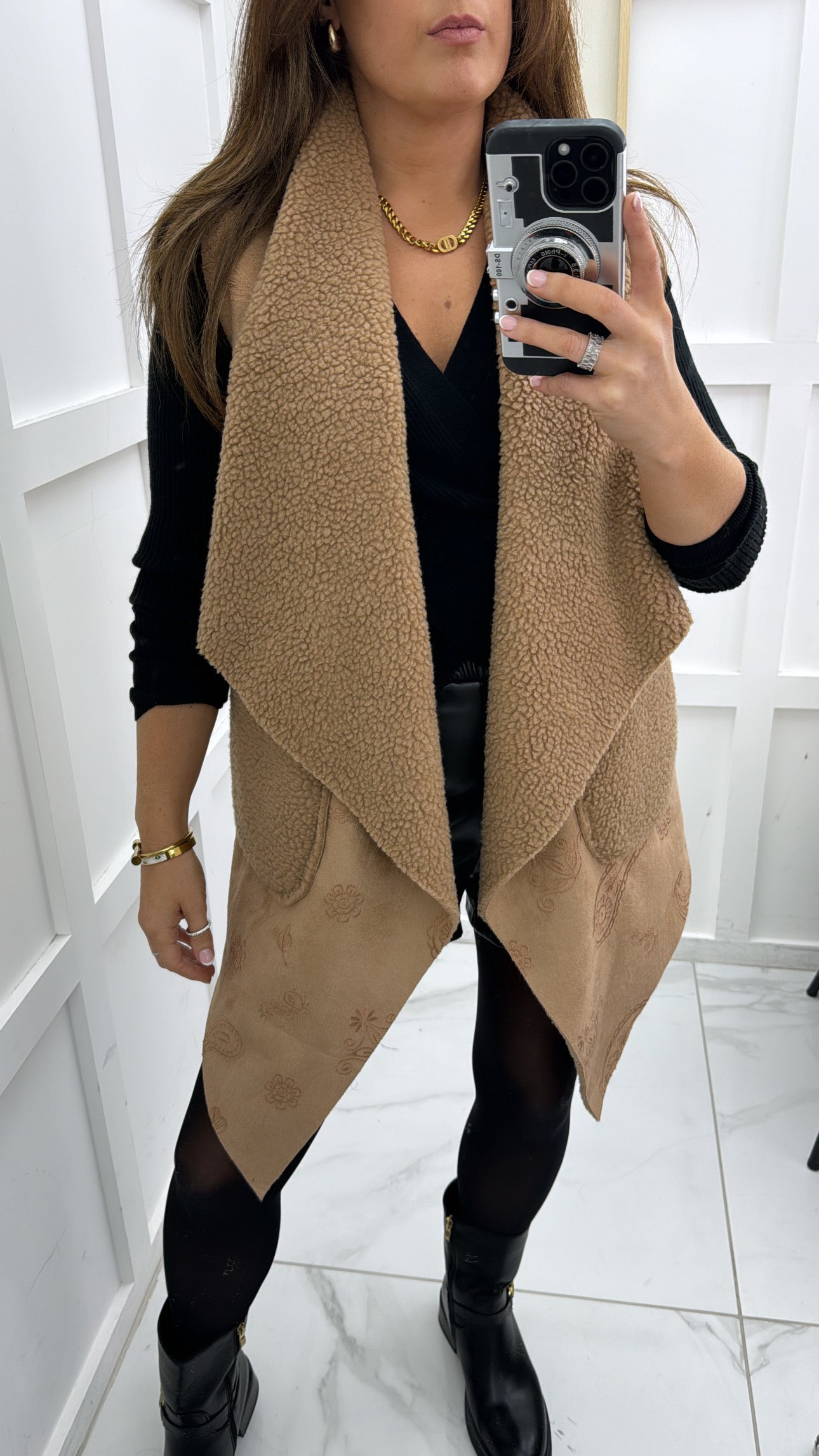 JENNIE camel suede & borg waterfall waist jacket