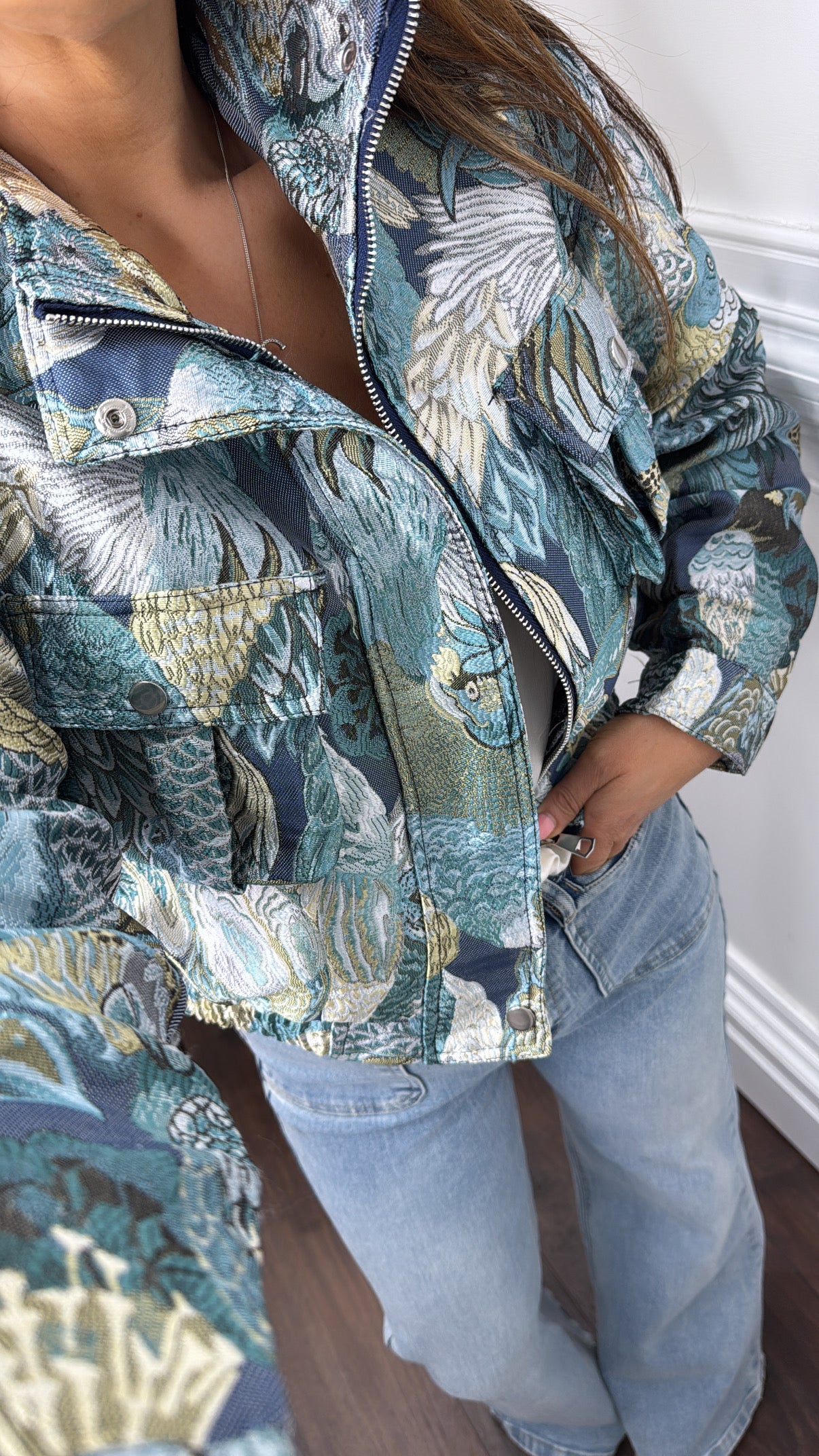 ATHENA blue jacquard cropped bomber jacket