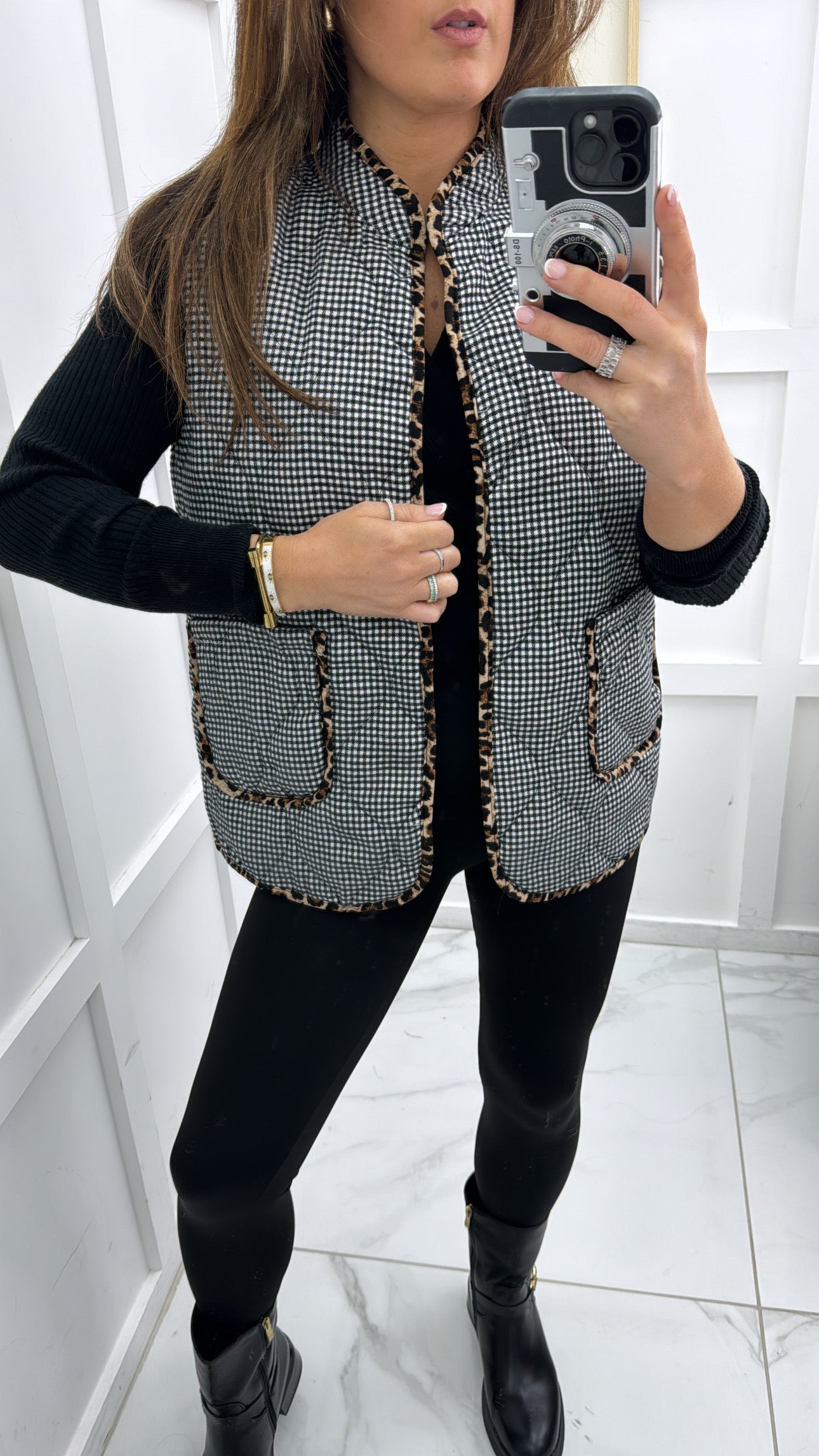 GENINE gingham quilted waistcoat with leopard print trim