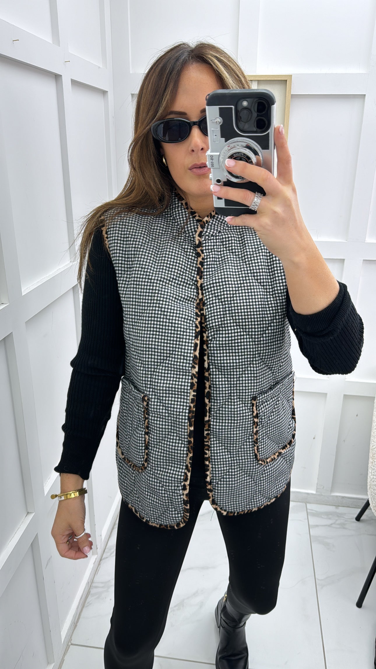 GENINE gingham quilted waistcoat with leopard print trim