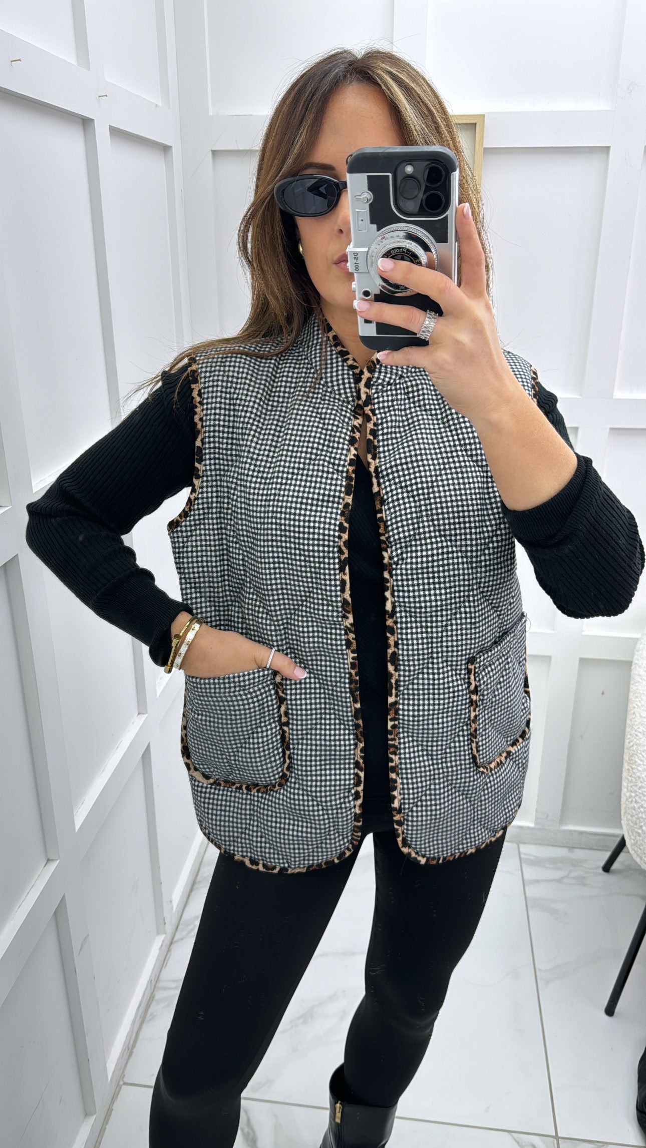 GENINE gingham quilted waistcoat with leopard print trim