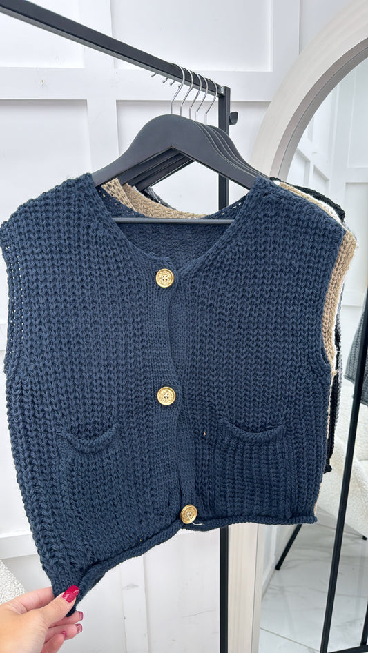 ERICA navy knitted sleeveless cardigan with gold buttons