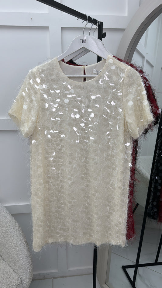 SAMERIA cream feather and disc sequin detail shift dress