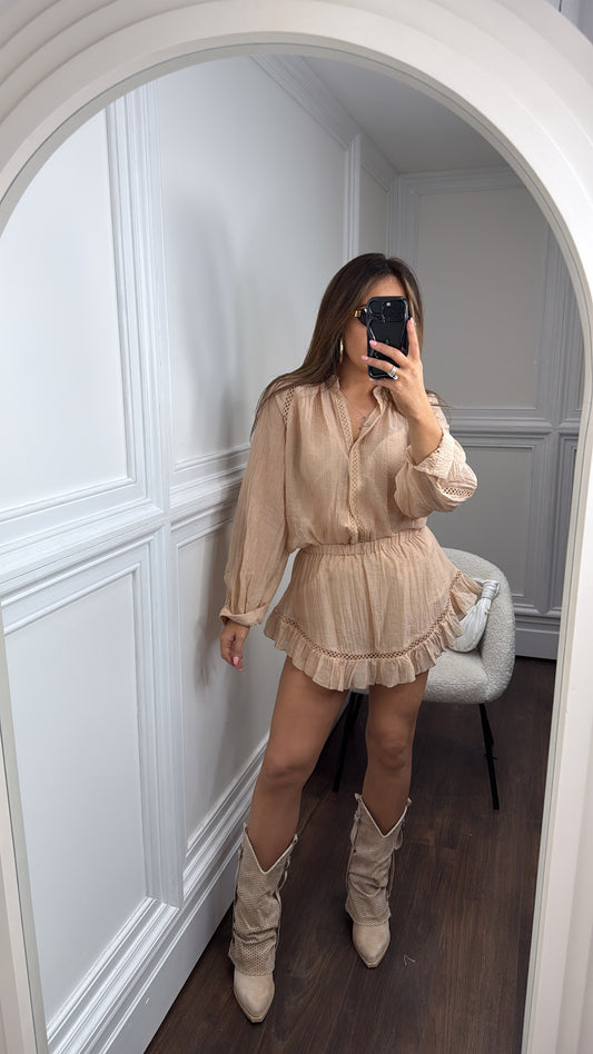 TARA caramel crochet detail shirt and skort co-ord
