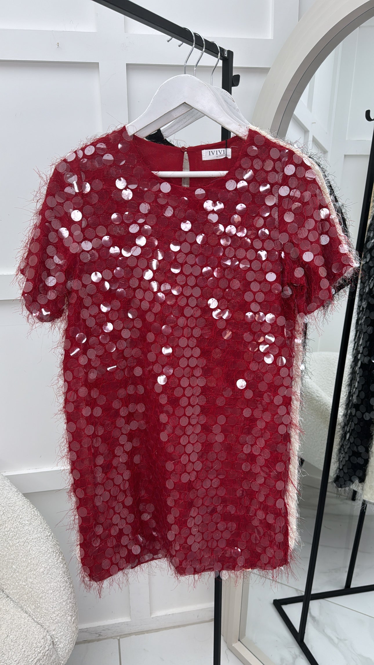 SAMERIA red feather and disc sequin detail shift dress