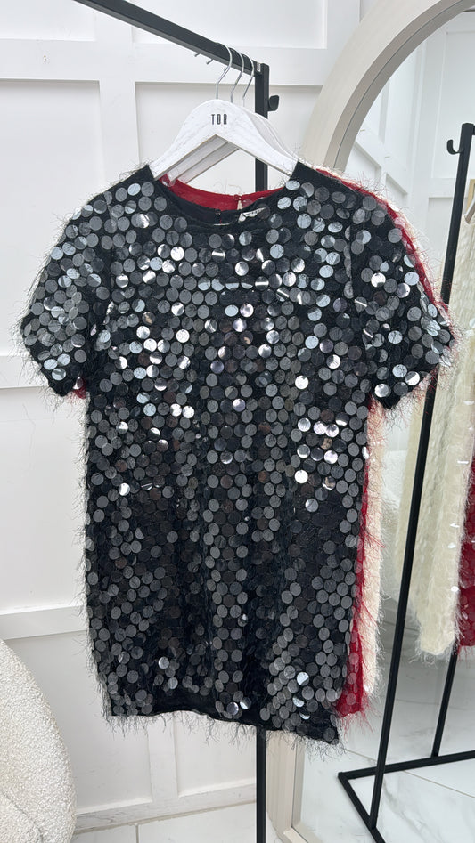 SAMERIA black feather and disc sequin detail shift dress