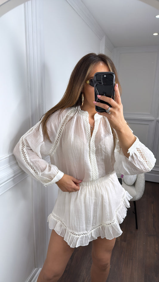TARA cream crochet detail shirt and skort co-ord