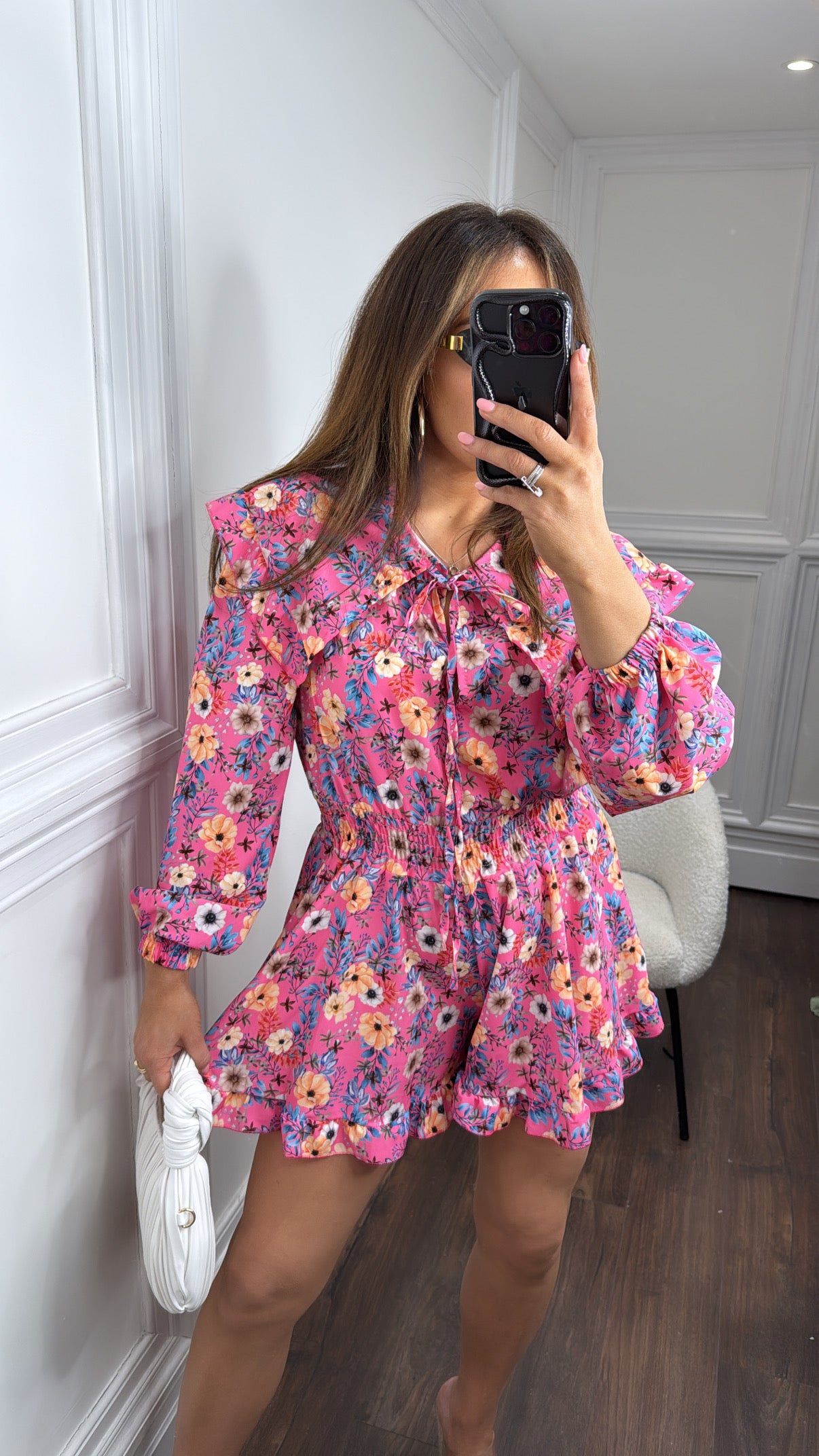 REEVE bright pink floral extravagant collar playsuit