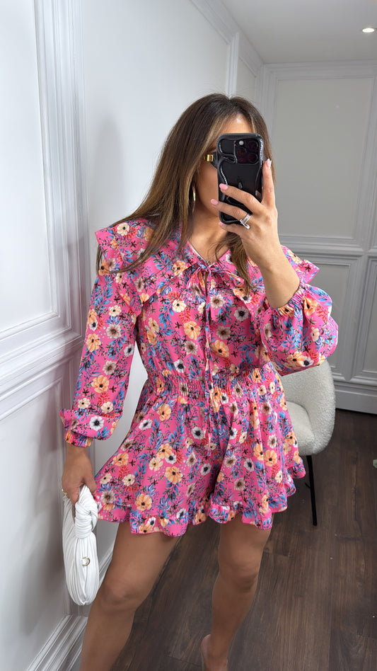 REEVE bright pink floral extravagant collar playsuit