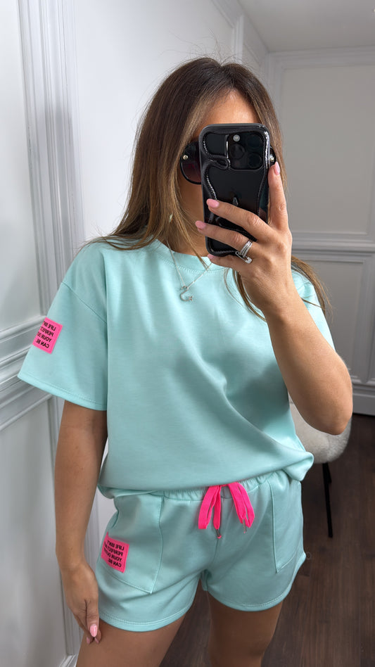 LIFE aqua slogan t-shirt and shorts co-ord