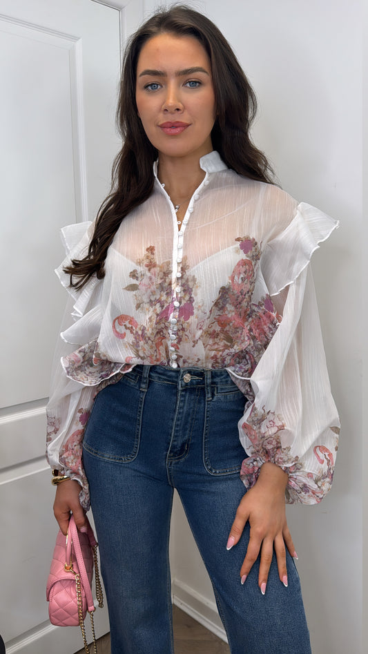 AMBER white sheer floral blouse