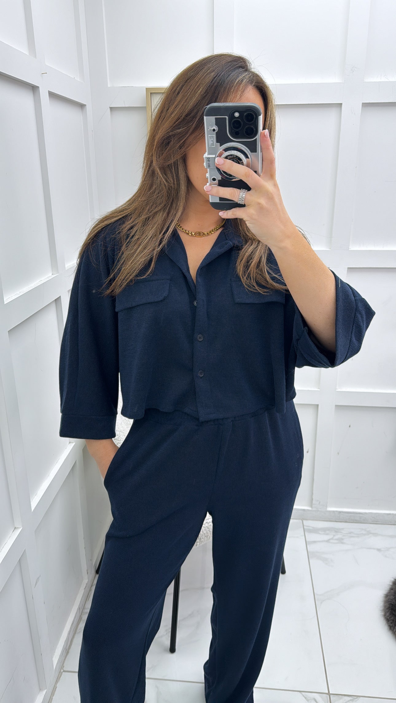 REBECCA navy cropped top and wide leg trousers co-ord set