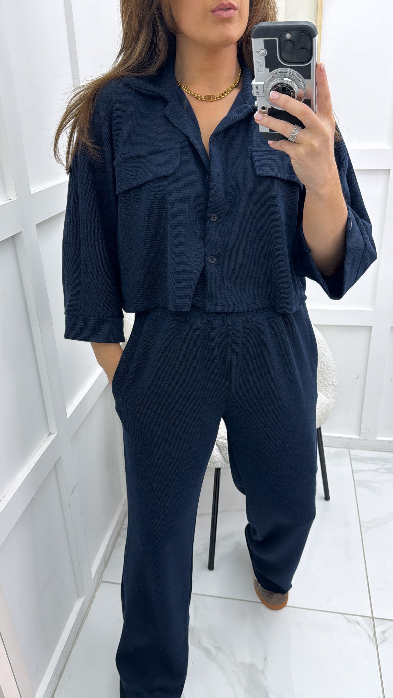 REBECCA navy cropped top and wide leg trousers co-ord set