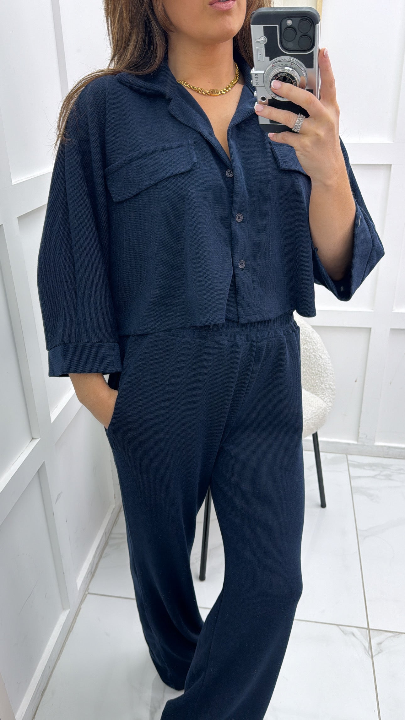 REBECCA navy cropped top and wide leg trousers co-ord set