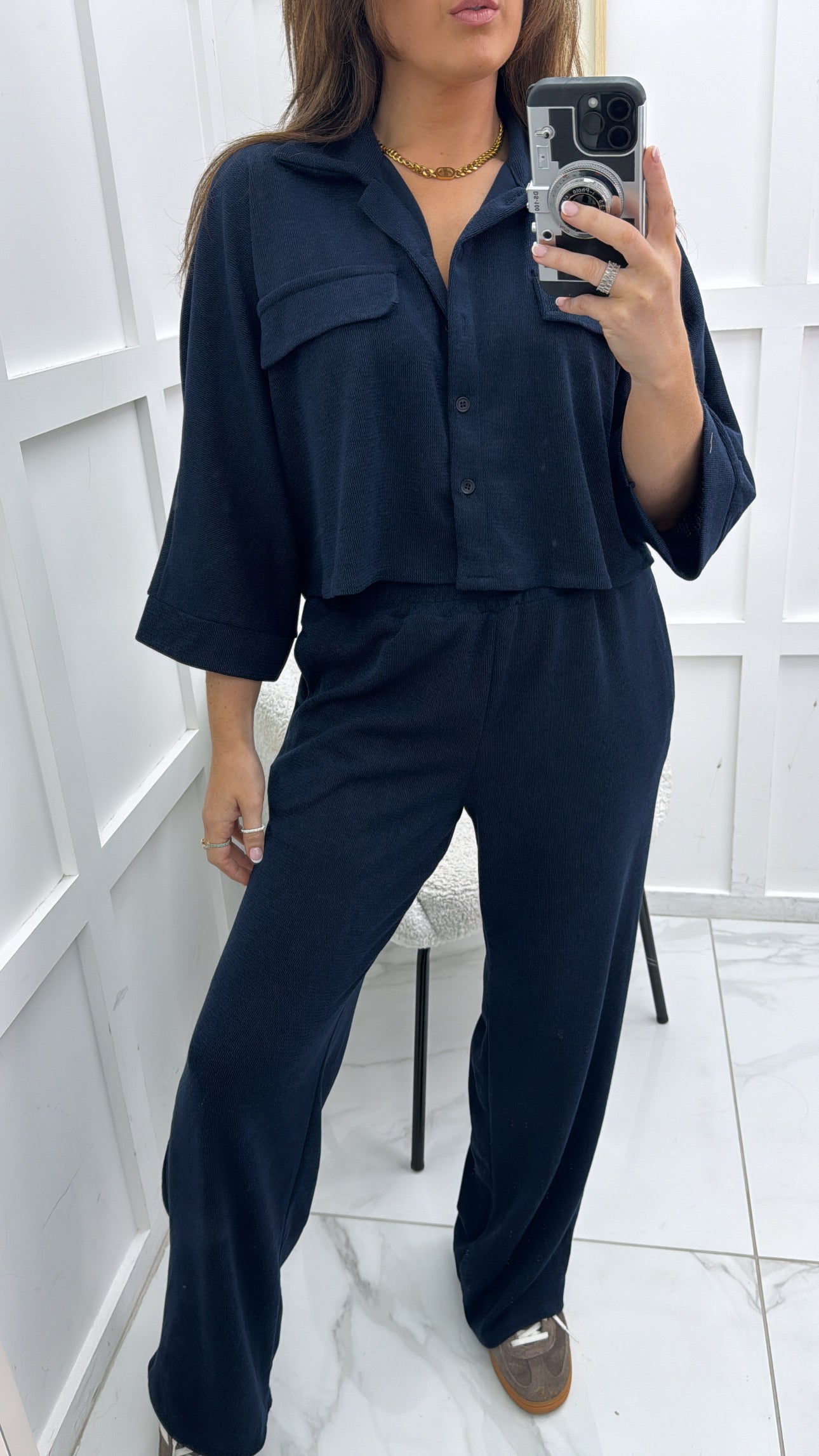 REBECCA navy cropped top and wide leg trousers co-ord set