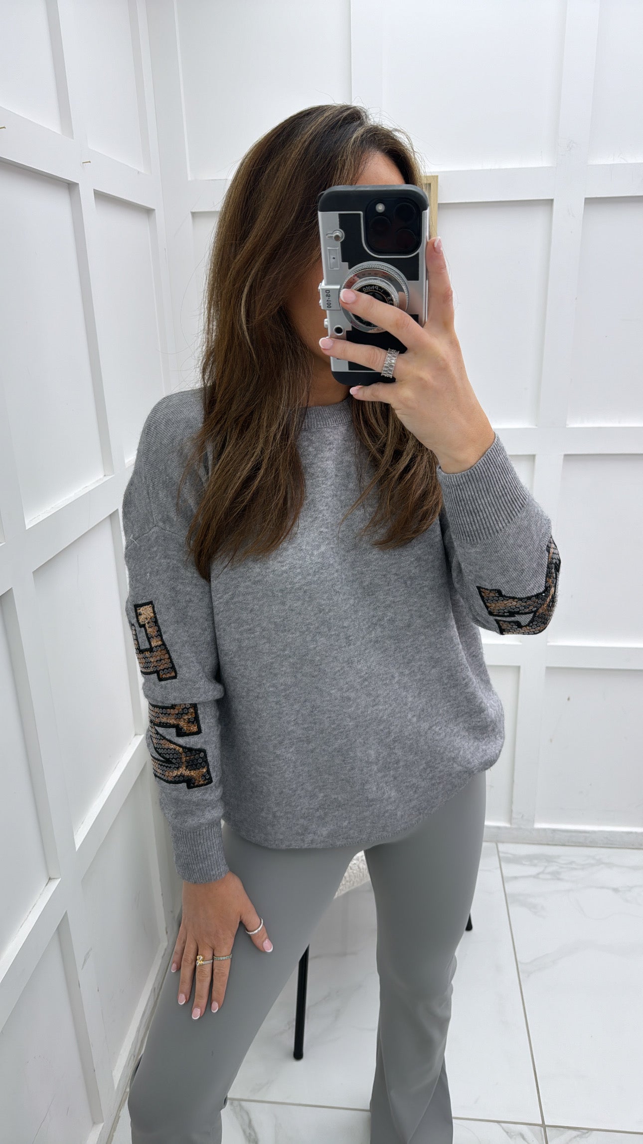 ALYSHA grey knit jumper with leopard print new york slogan