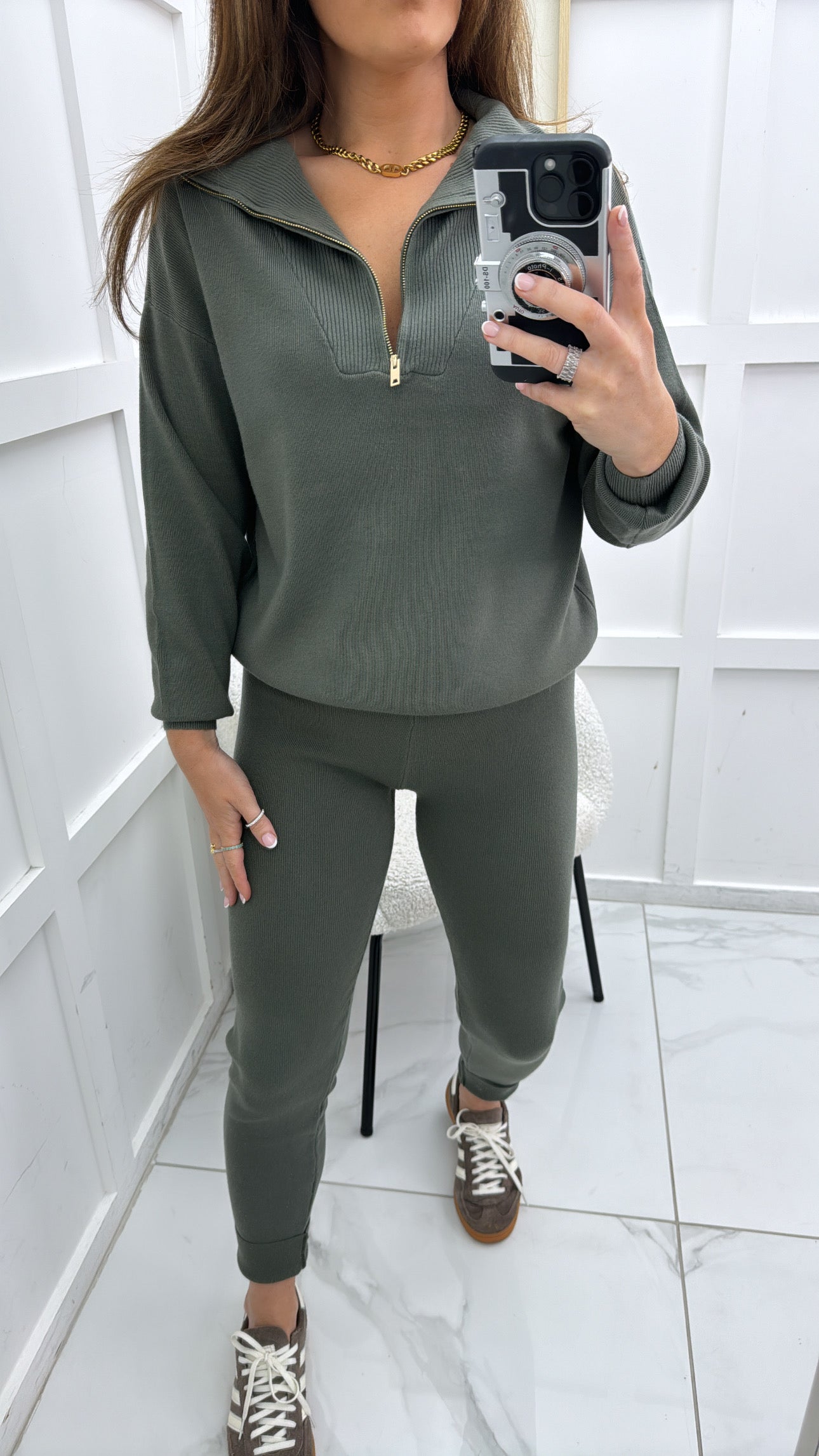 MOLLY khaki half zip knitted lounge set