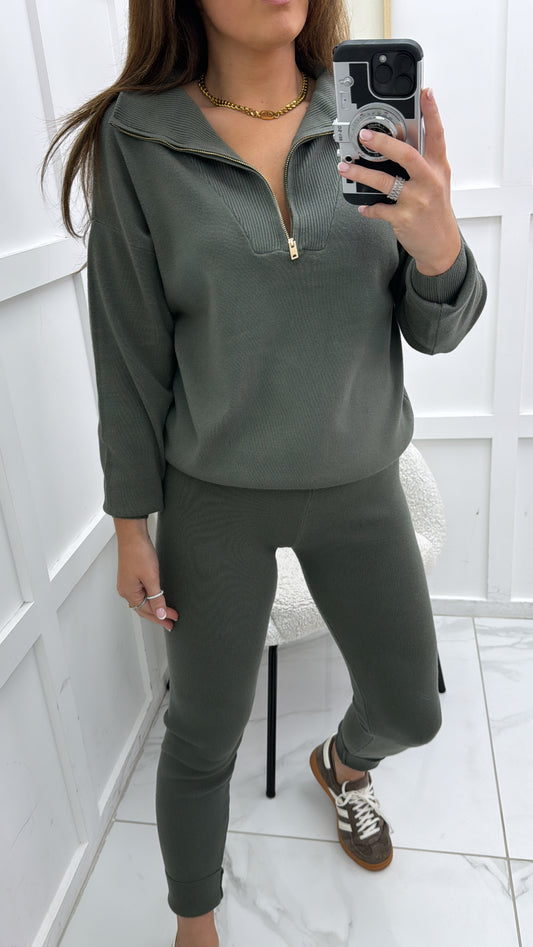 MOLLY khaki half zip knitted lounge set