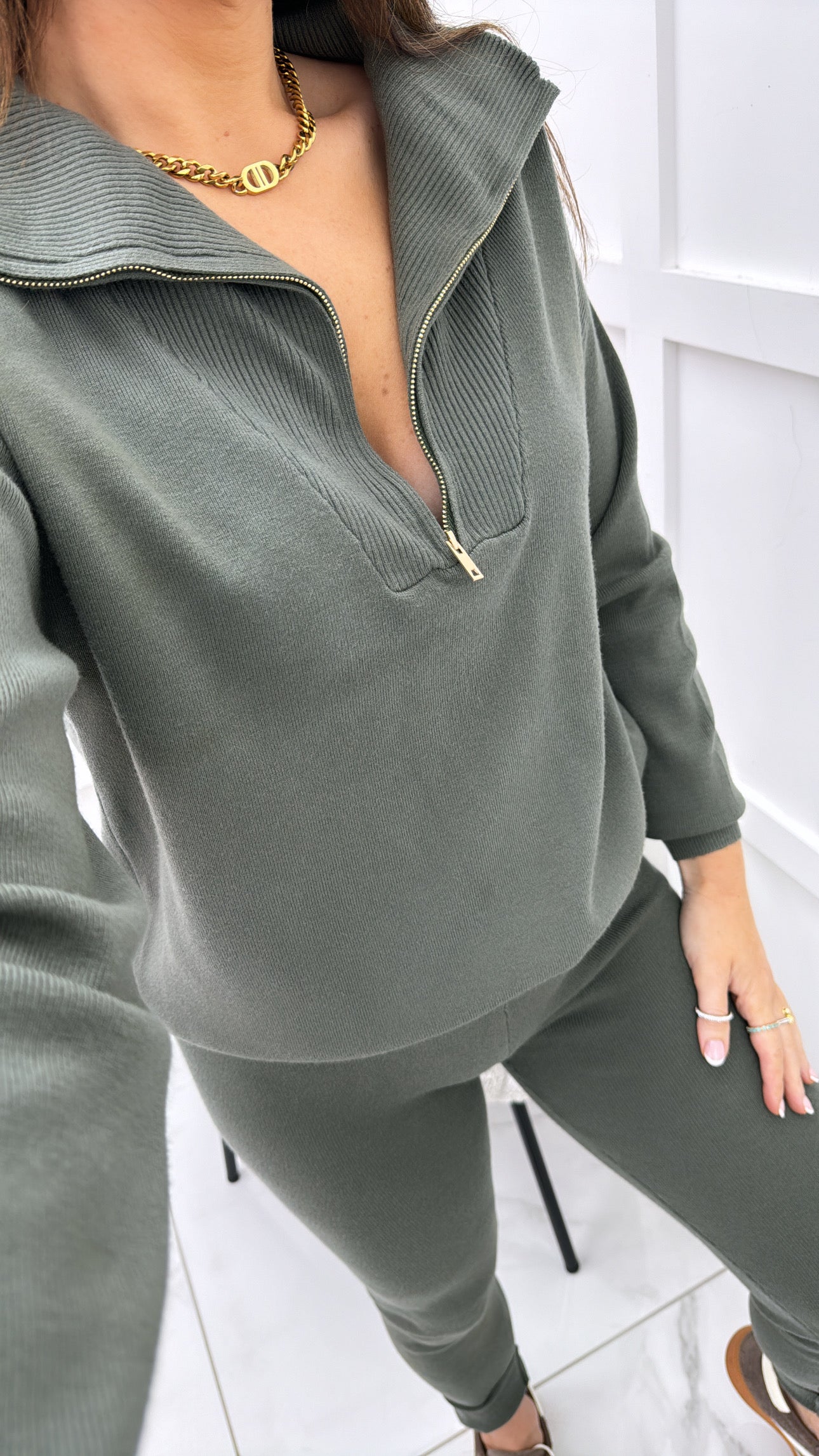 MOLLY khaki half zip knitted lounge set