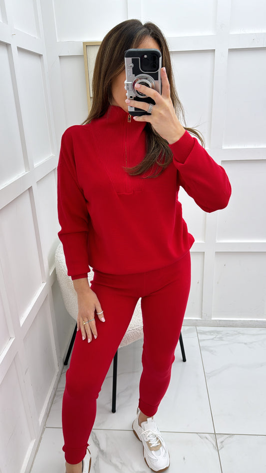 MOLLY red half zip knitted lounge set