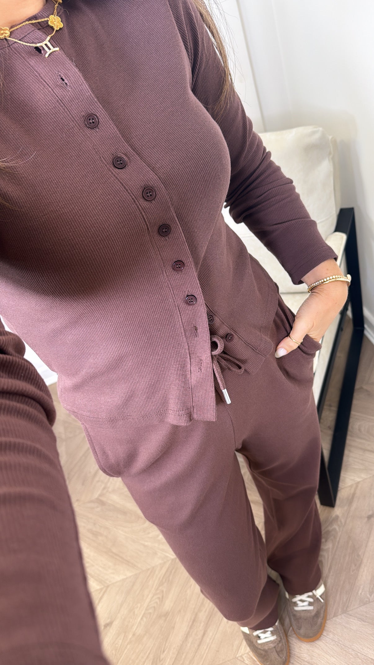 LORNA chocolate brown ribbed cardigan lounge set