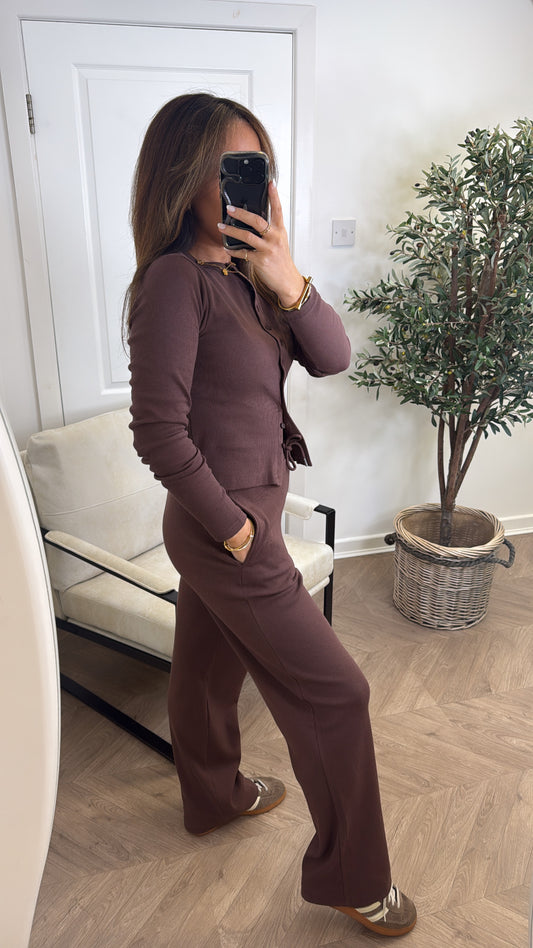 LORNA chocolate brown ribbed cardigan lounge set