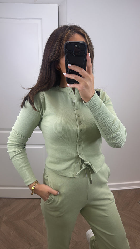 LORNA sage green ribbed cardigan lounge set