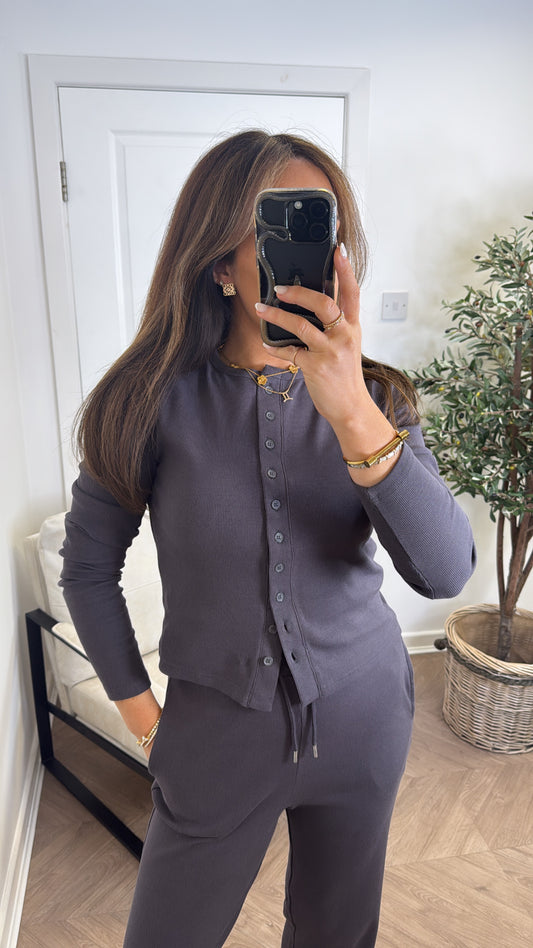 LORNA slate grey ribbed cardigan lounge set