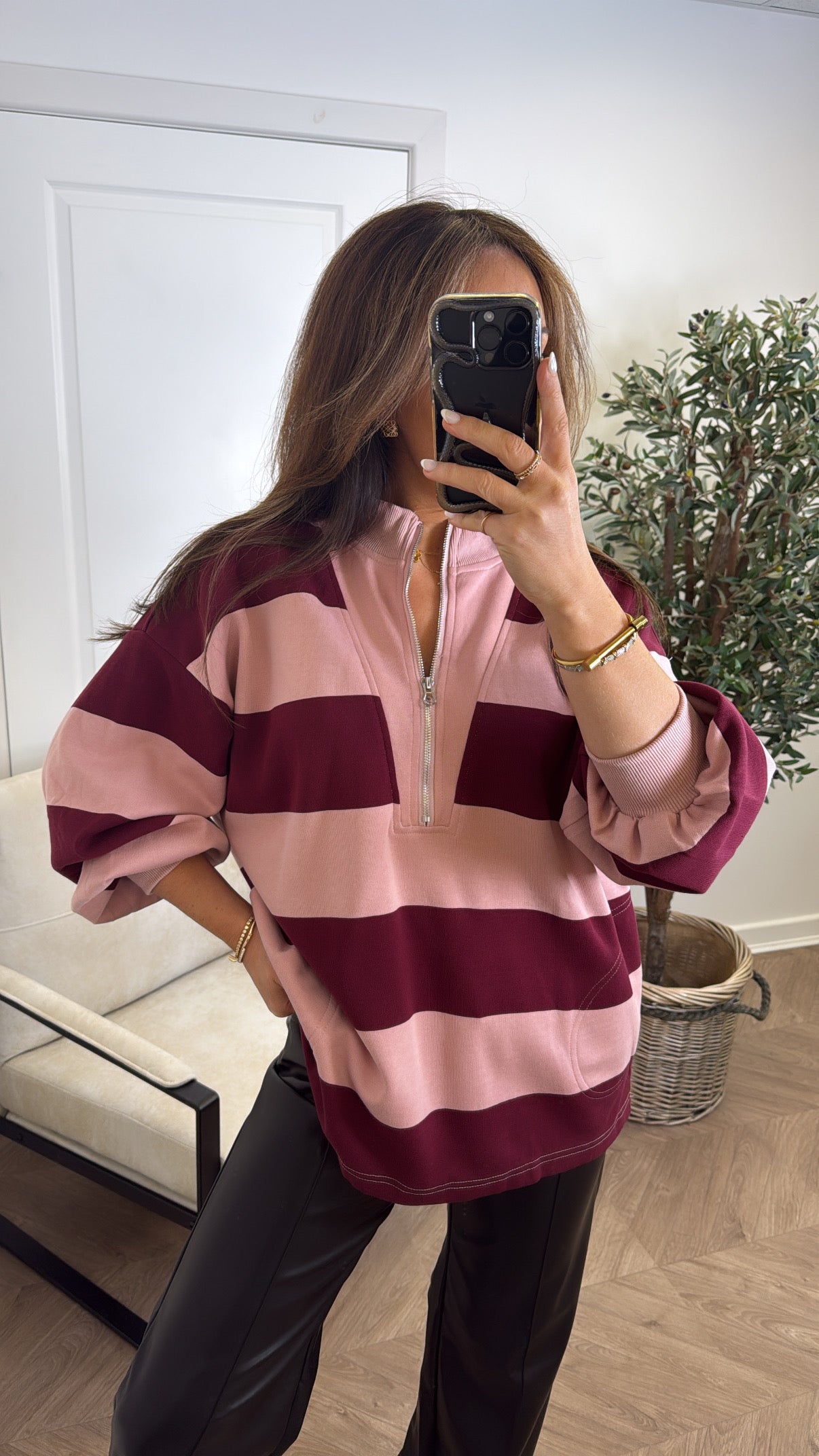 CONNIE burgundy striped rugby style sweatshirt