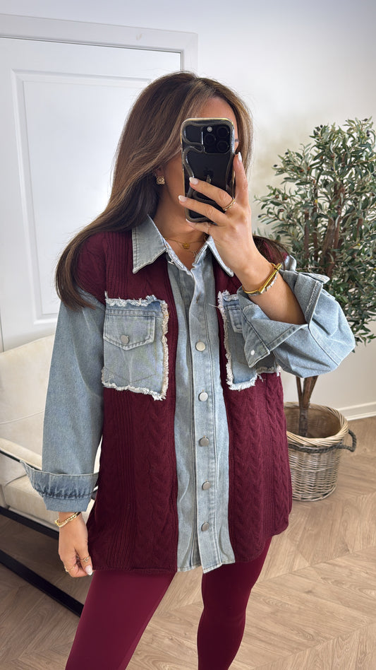 STEFFY burgundy knitted denim contrast shacket