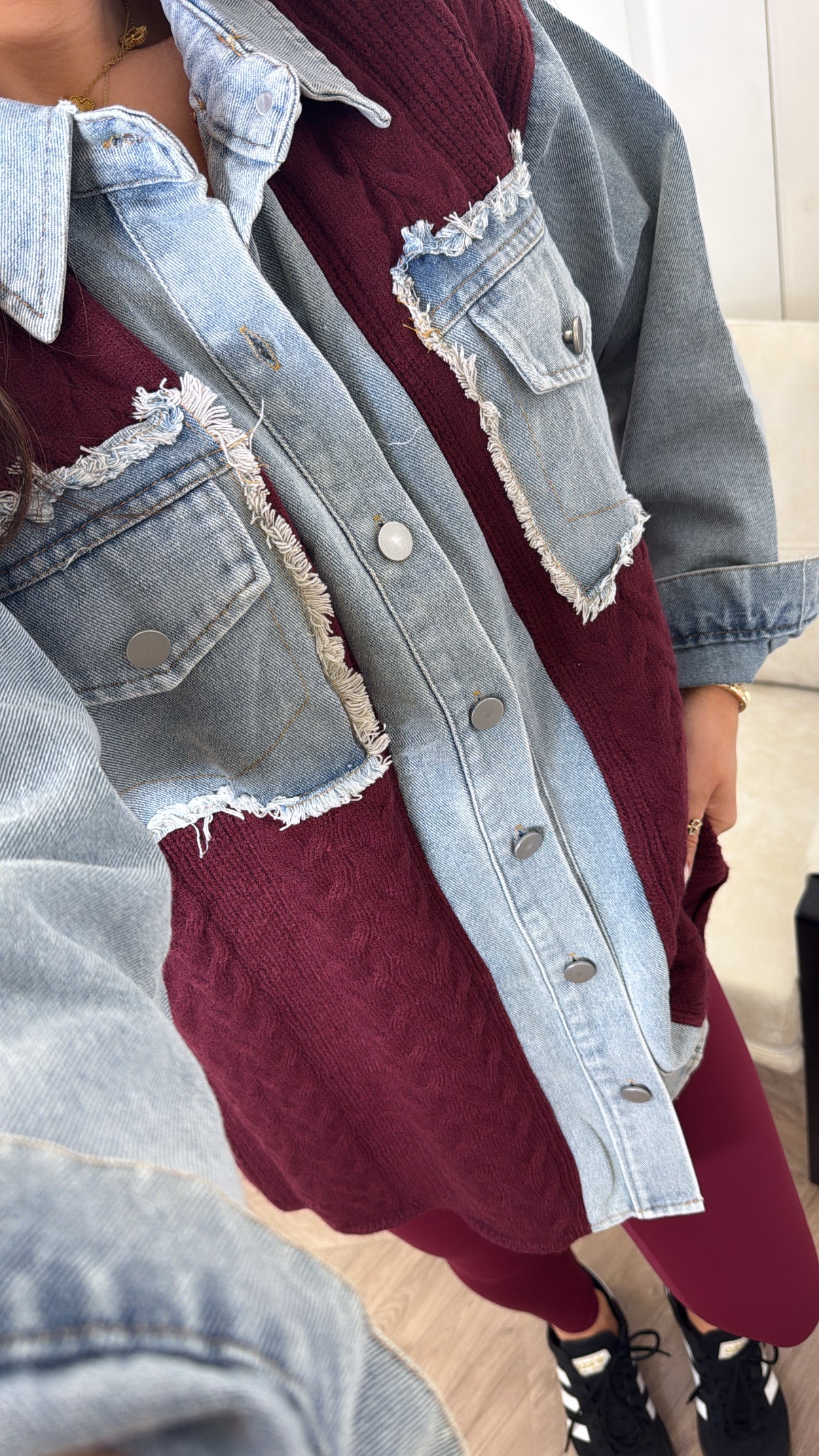 STEFFY burgundy knitted denim contrast shacket