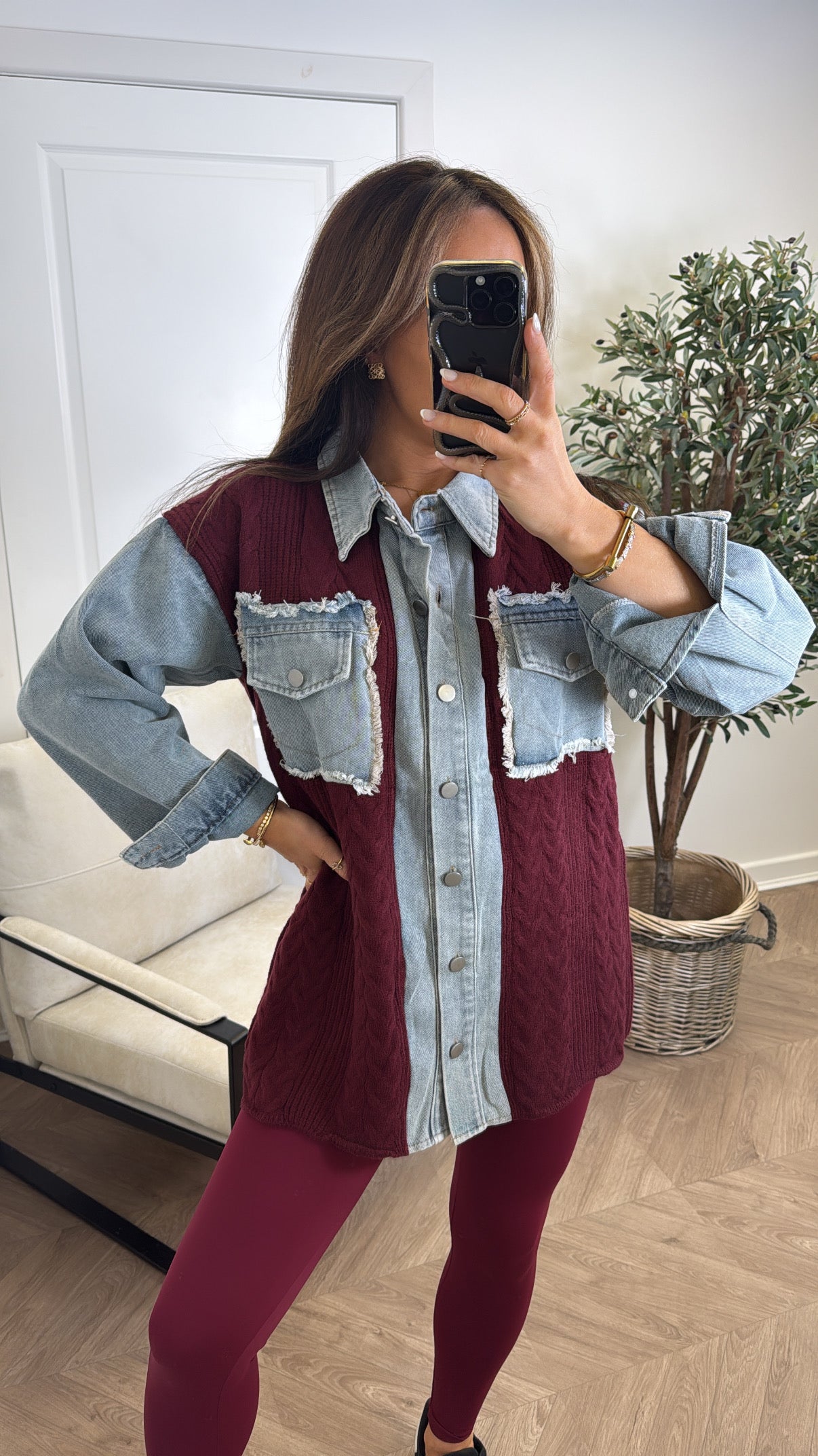STEFFY burgundy knitted denim contrast shacket
