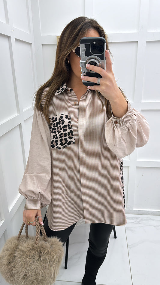 KEELEY cream stripe shirt with contrast leopard print