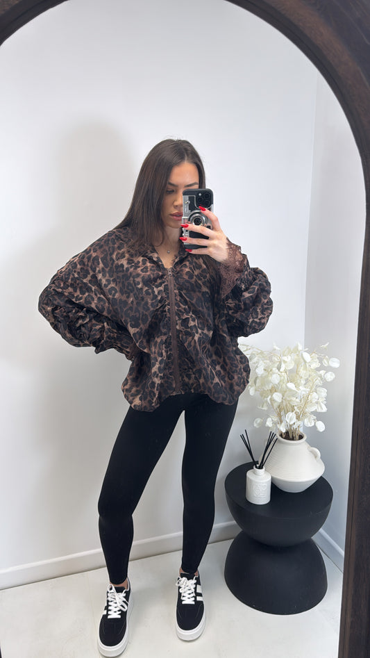 FREYA leopard print and lace zip up jacket
