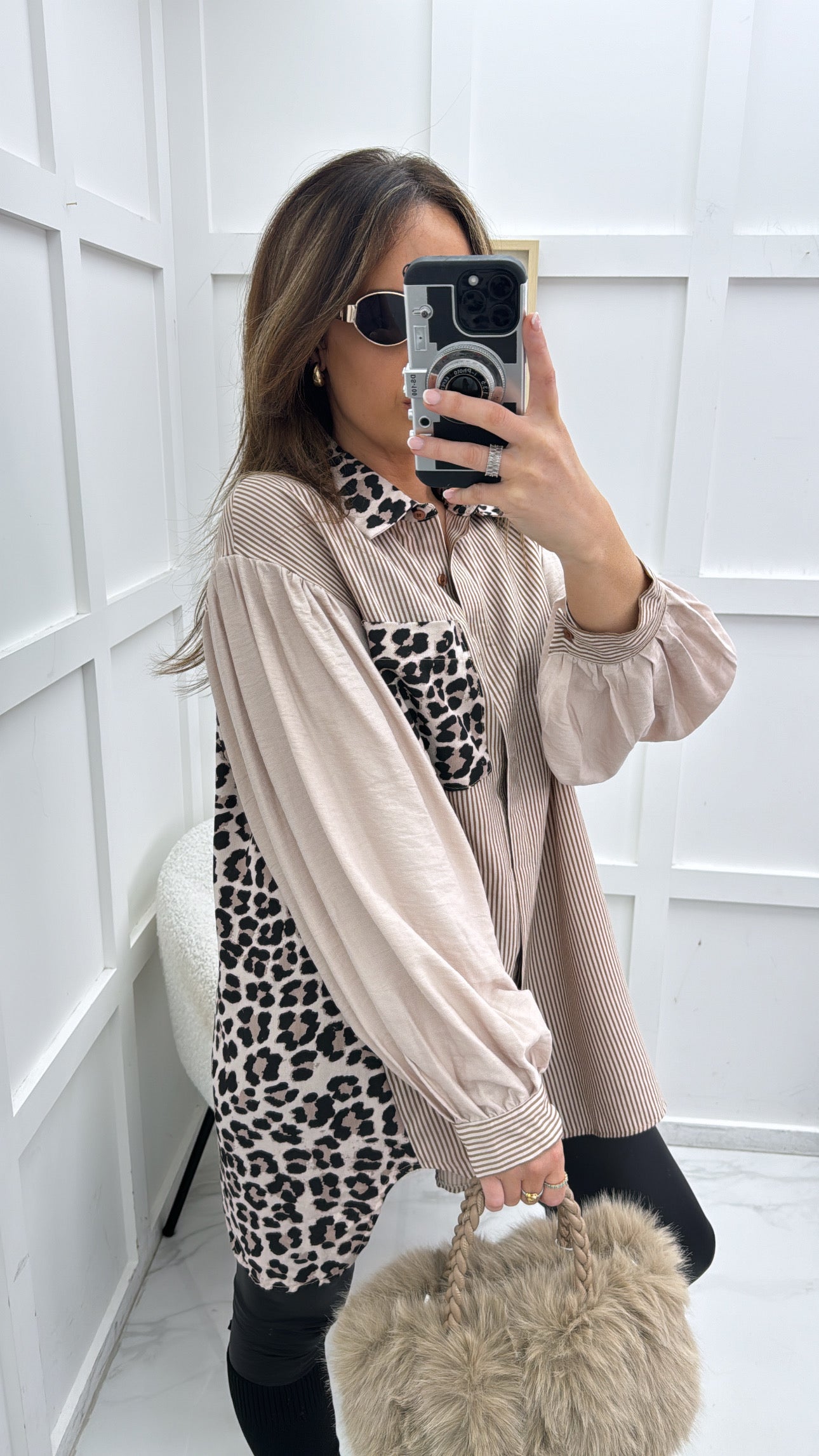 KEELEY cream stripe shirt with contrast leopard print