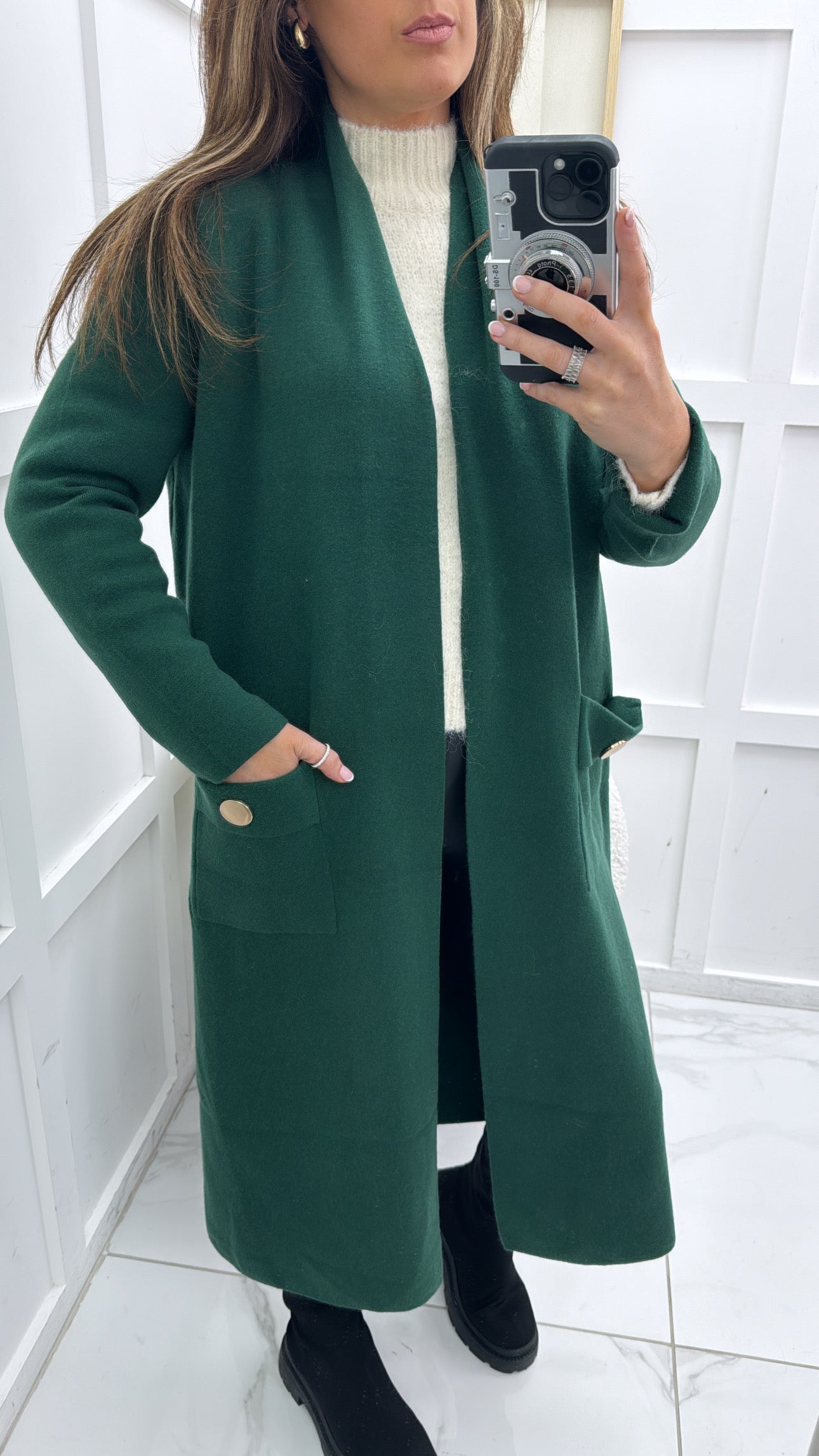 ALEXA forest green longline cardigan with gold button detail