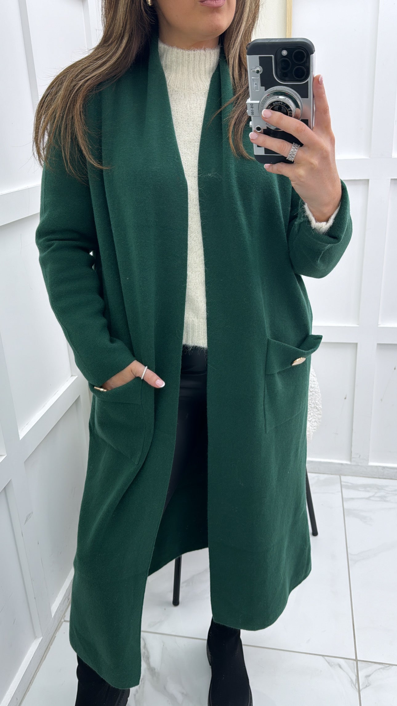 ALEXA forest green longline cardigan with gold button detail