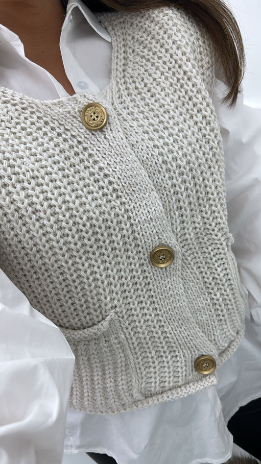 ERICA beige knitted sleeveless cardigan with gold buttons