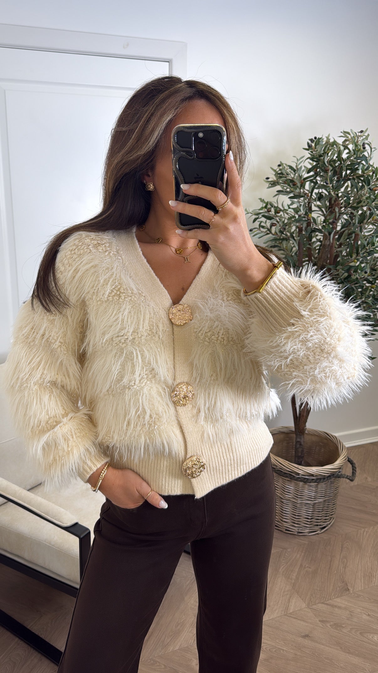 ERICA cream fluffy cardigan with gold buttons