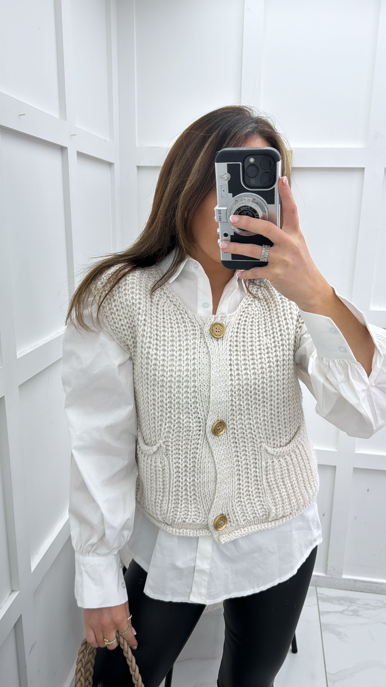 ERICA beige knitted sleeveless cardigan with gold buttons