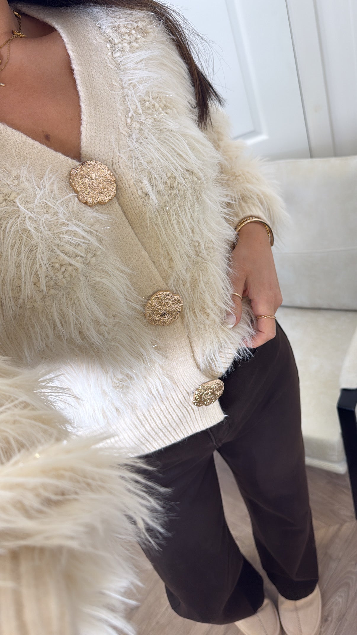 ERICA cream fluffy cardigan with gold buttons