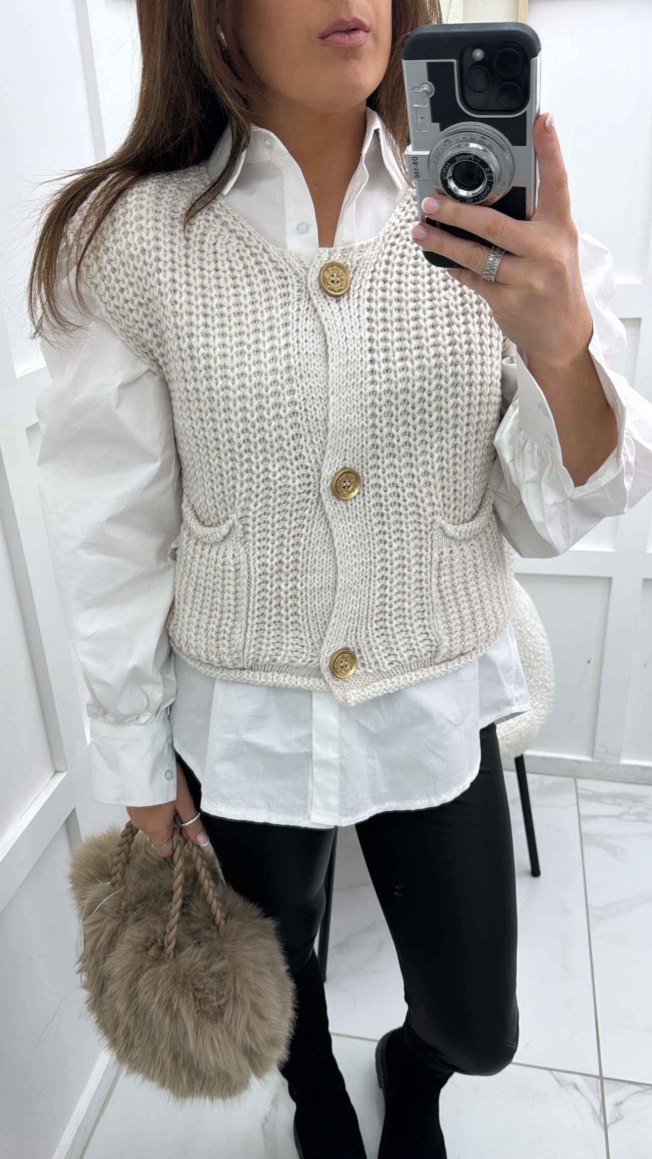 ERICA beige knitted sleeveless cardigan with gold buttons