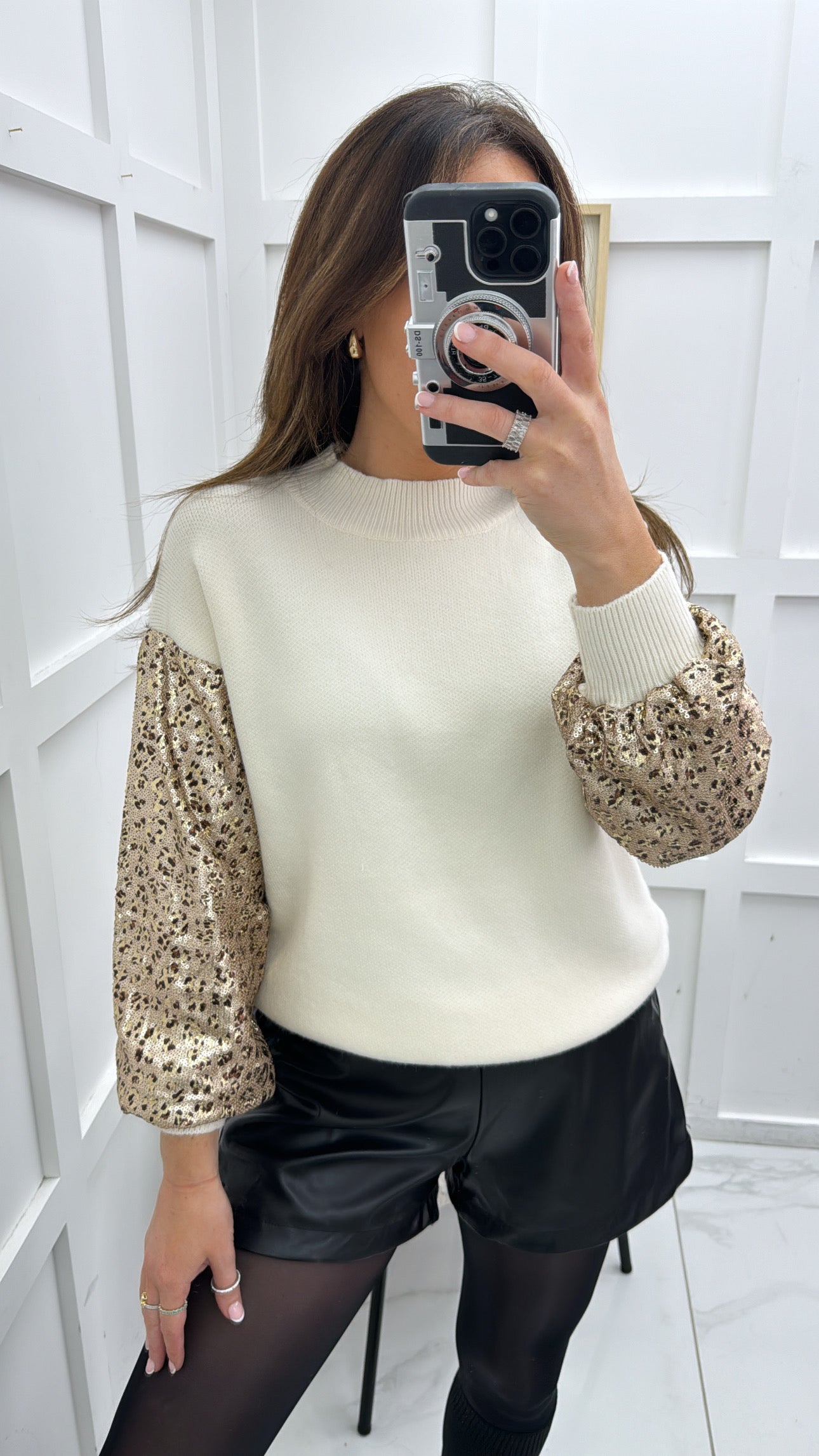 JESSIE cream knit jumper with leopard sequin sleeves